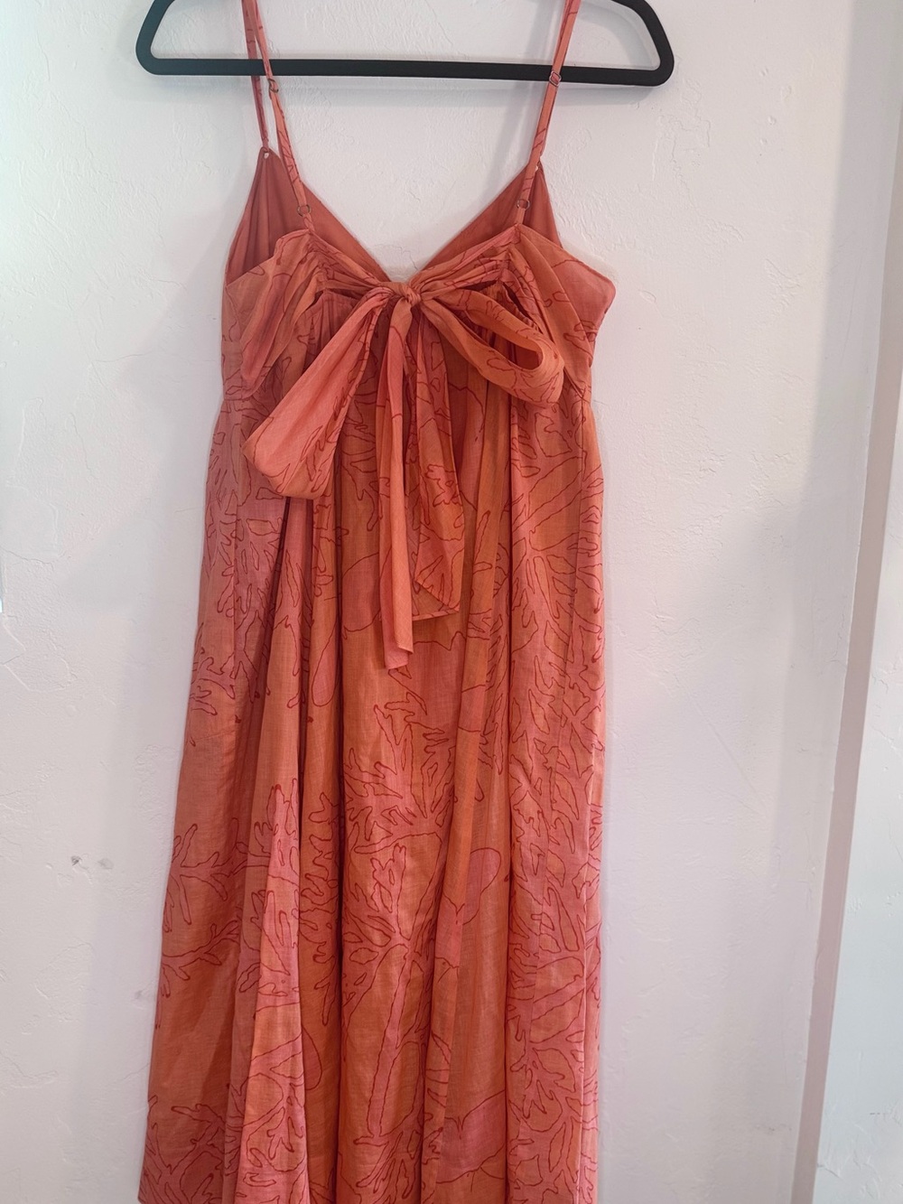 Rebecca Taylor Cotton Silk Midi Dress Size 6 Coral Tie Back Bow Tropical Floral